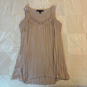 Tan beige sleeveless blouse with lace and beaded detailing